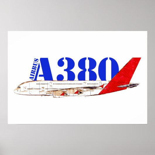 鮮やかな赤い尾翼デザインのエアバスA380イラスト ポスター (正面)