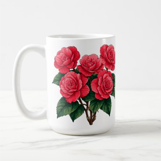 鮮やかな赤い椿のバラの花束 コーヒーマグカップ (左)