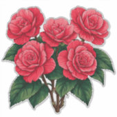 鮮やかな赤い椿のバラの花束 シール (正面)