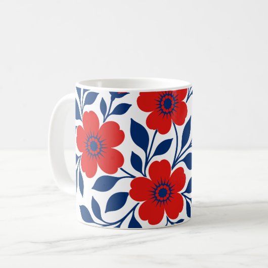 鮮やかな赤い花とネイビーブルーの葉 コーヒーマグカップ (正面左)
