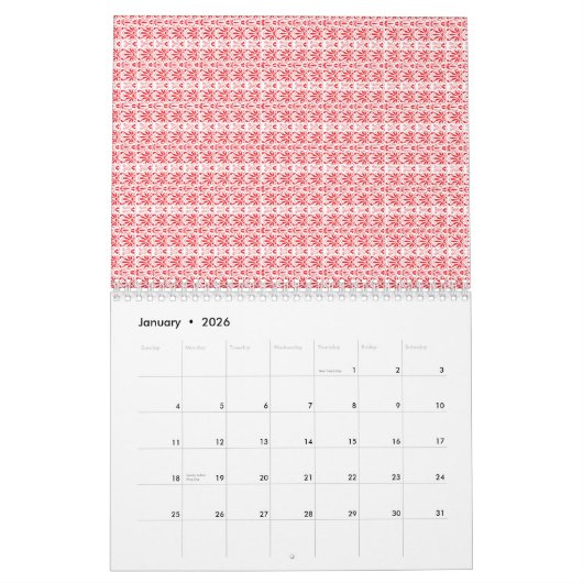 鮮やかな赤とオレンジの抽象デザインで渦巻き カレンダー (1月 2026)