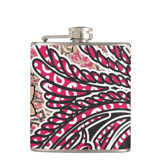 鮮やかな赤とピンを持つ装飾的なペイズリーデザイン フラスク (正面)