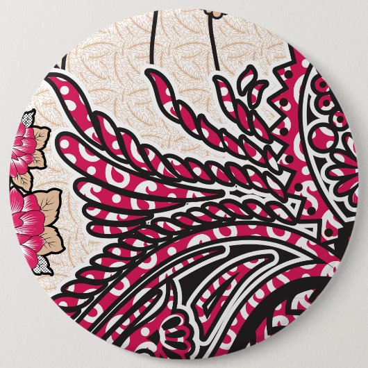 鮮やかな赤とピンを持つ装飾的なペイズリーデザイン 缶バッジ (正面)