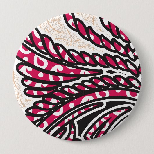 鮮やかな赤とピンを持つ装飾的なペイズリーデザイン 缶バッジ (正面)