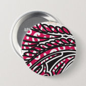 鮮やかな赤とピンを持つ装飾的なペイズリーデザイン 缶バッジ (正面&裏面)