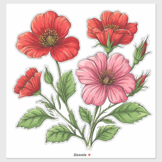 鮮やかな赤とピンクのハイビスカスの花 シール (シート)