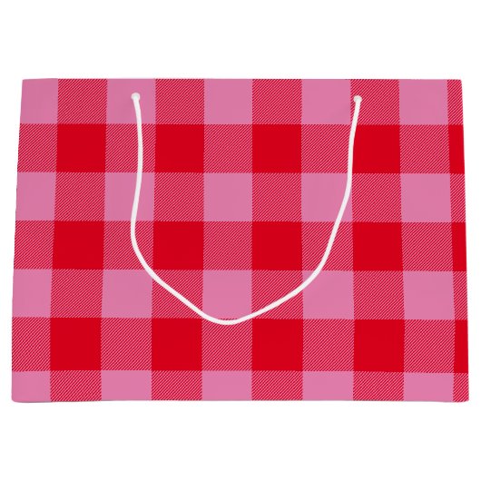 鮮やかな赤とピンクのバッファロープレイドバレンタイン ラージペーパーバッグ (正面)