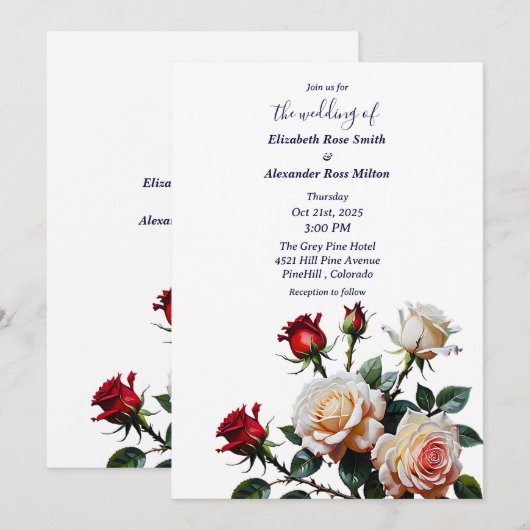 鮮やかな赤とピンクの白いバラの花のウェディング 招待状 (正面/裏面)