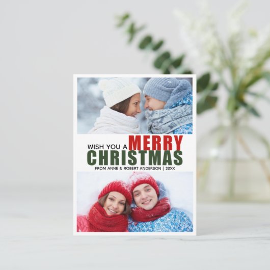 鮮やかな赤と緑のクリスマスおめでとう2枚写真ポストカード シーズンポストカード (スタンド正面)