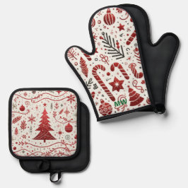 鮮やかな赤と緑のクリスマスパターン 鍋つかみ&鍋敷きセット