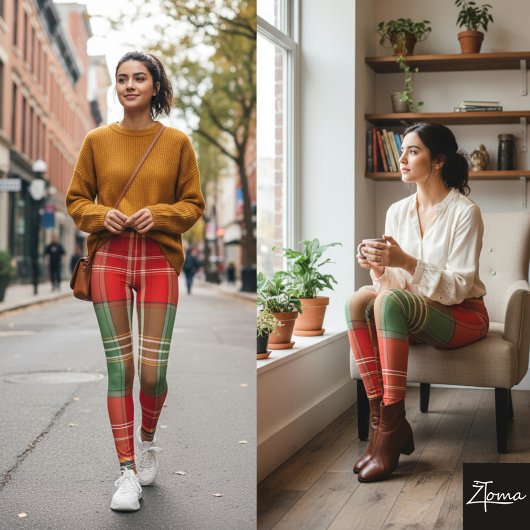 鮮やかな赤と緑の大きなチェック柄 レギンス