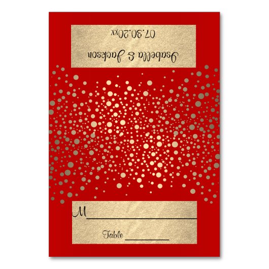 鮮やかな赤と金のコンフェッティドット - 結婚式 テーブルナンバー (正面)