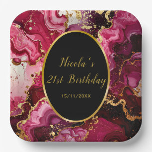 鮮やかな赤と金のマーブルアゲートの誕生日パーティー ペーパープレート