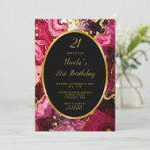 鮮やかな赤と金のマーブルアゲート誕生日パーティー 招待状 (スタンド正面)