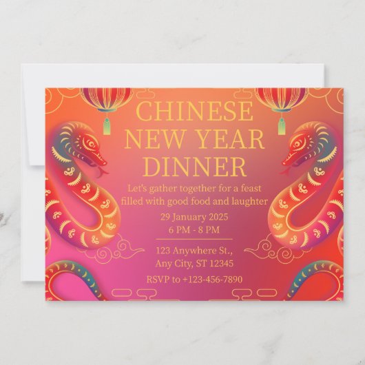鮮やかな赤と金の蛇の中国の新年 招待状 (正面)