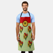 鮮やかな赤と金ゴールドのライリーとミント、レッド、金ゴールド エプロン (着用した状態)