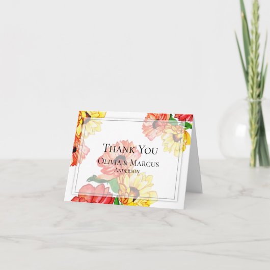 鮮やかな赤と黄色のデイジー サンキューカード (正面)