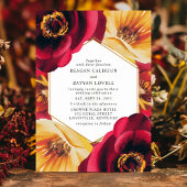 鮮やかな赤と黄色の花の幾何学模様のウェディング 招待状