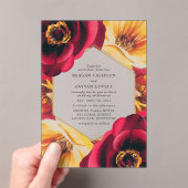 鮮やかな赤と黄色の花柄幾何学模様の結婚式 アクリル招待状 (インサイチュ (ポータブル))