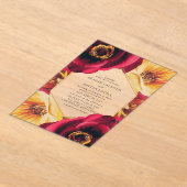 鮮やかな赤と黄色の花柄幾何学模様の結婚式 アクリル招待状 (レイダウン)