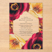 鮮やかな赤と黄色の花柄幾何学模様の結婚式 アクリル招待状 (正面)