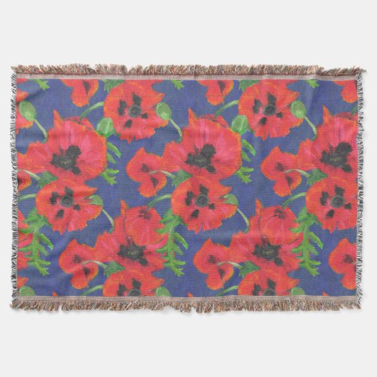 鮮やかな赤と黒のオリエンタルポピーのパターン スローブランケット (正面)