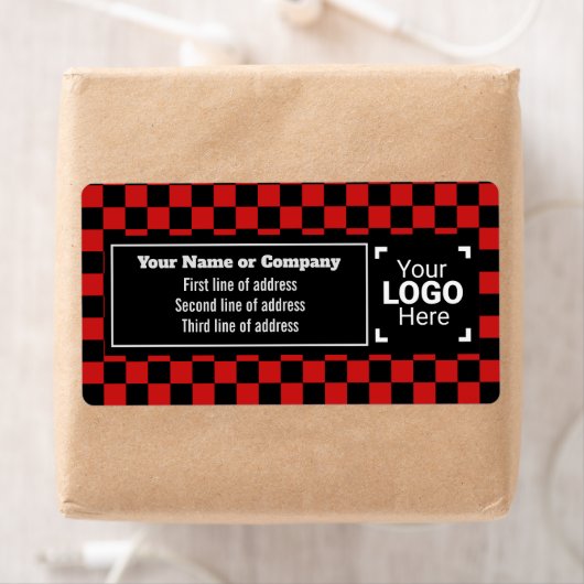 鮮やかな赤と黒のチェック柄 小規模ビジネス ラベル (インサイチュ)
