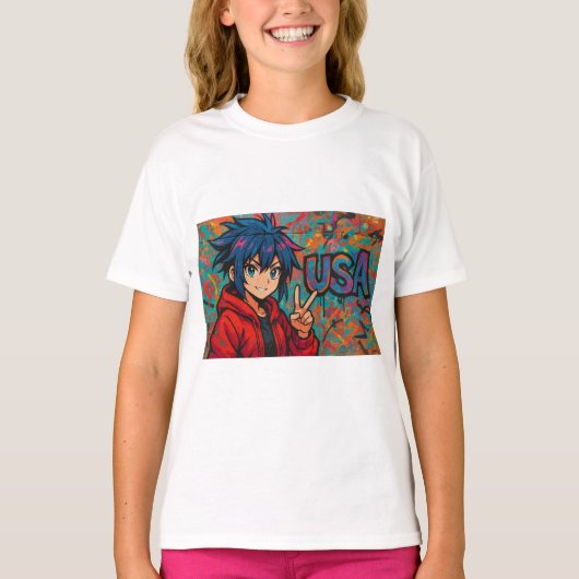 鮮やかな赤のアニメUSAグラフィックTシャツ Tシャツ (正面)