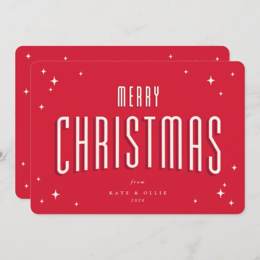 鮮やかな赤のクリスマス レトロスターズ フラット シーズンカード (正面/裏面)