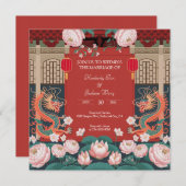 鮮やかな赤の中国風デザイン 招待状 (正面/裏面)