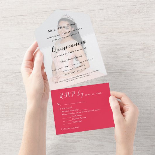 鮮やかな赤の写真用背景 RSVP イベント招待状 オールインワン招待状 (貼ってはがせる)