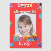 鮮やかな赤の宇宙飛行士の写真 名前 誕生日カード マグネット招待状 (正面)