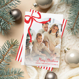 鮮やかな赤の手描きリボンアーチ写真クリスマス シーズンカード