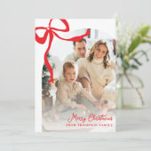 鮮やかな赤の手描きリボンアーチ写真クリスマス シーズンカード (スタンド正面)