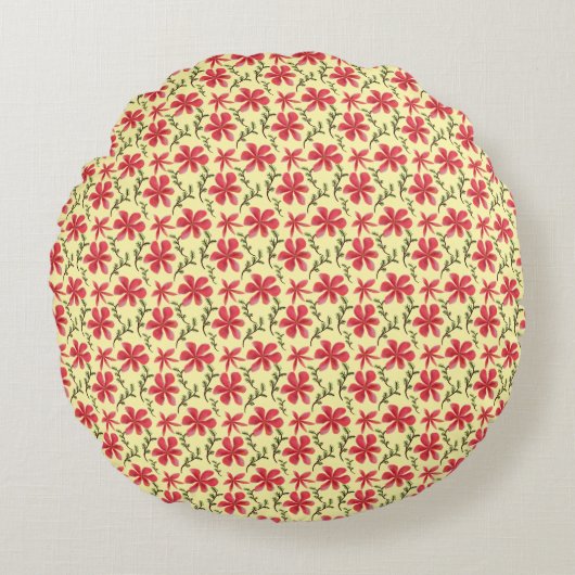 鮮やかな赤の花柄シームレスパターン ラウンドクッション (正面)