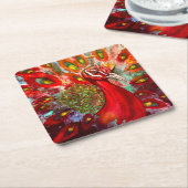 鮮やかな赤ピーコックコースター スクエアペーパーコースター (アングル)