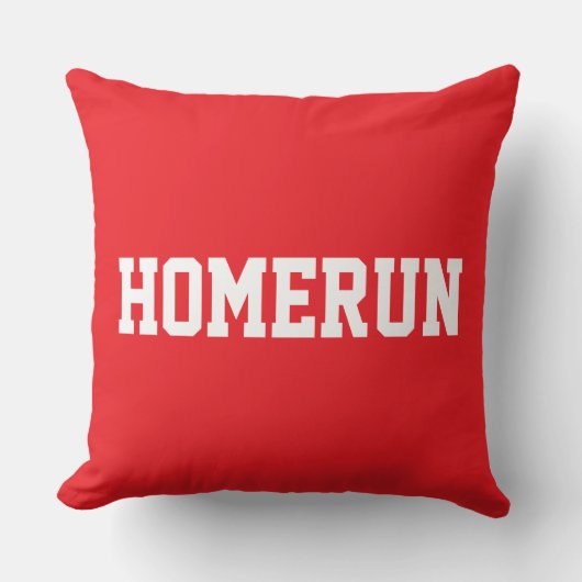 鮮やかな赤地に白文字でHOMERUNと書かれた、かっこいい野球デザイン クッション (正面)