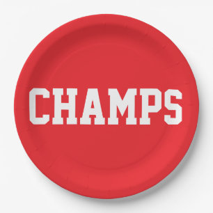 鮮やかな赤地に白文字のCHAMPS楽しいスポーツデザイン ペーパープレート