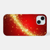 鮮やかな赤地に輝く金のトレイル iPhone 15ケース (裏面横)
