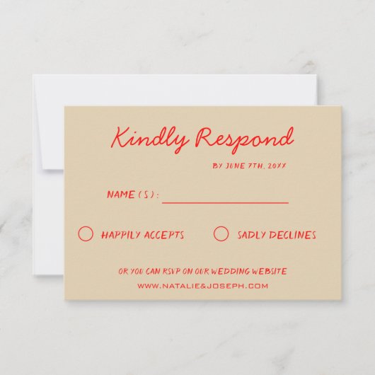 鮮やかな赤 レトロでポップな楽しいファンキーなウェディング 出欠カード (正面)