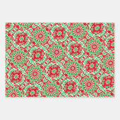 鮮やかな赤、緑、白のパターン ラッピングペーパーシート (正面)