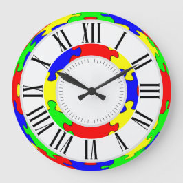 鮮やかな赤、青、緑、黄色のジグソーパズル ラージ壁時計