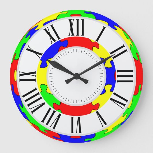 鮮やかな赤、青、緑、黄色のジグソーパズル ラージ壁時計 (正面)