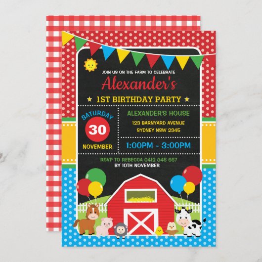鮮やかな農場の納屋周囲の庭動物の誕生日の黒板 招待状 (正面/裏面)