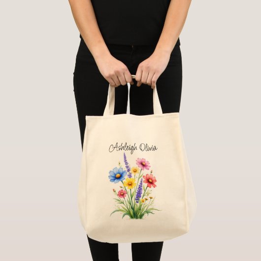 鮮やかな野の花の水彩調のデザインのエコバッグ トートバッグ (正面(商品))