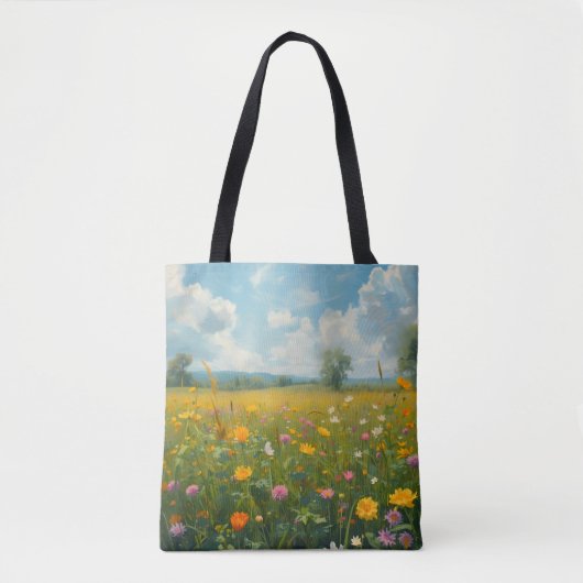 鮮やかな野の花の草原 オイルペインティングスタイルのフローラ トートバッグ (正面)