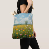 鮮やかな野の花の草原 オイルペインティングスタイルのフローラ トートバッグ (クローズアップ)