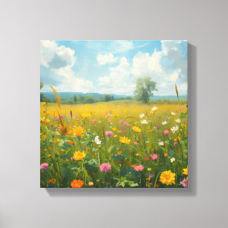 鮮やかな野の花の草原 油絵スタイルのフローラ キャンバスプリント