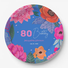 鮮やかな野生の花 ピンク 青い 誕生日パーティー ペーパープレート