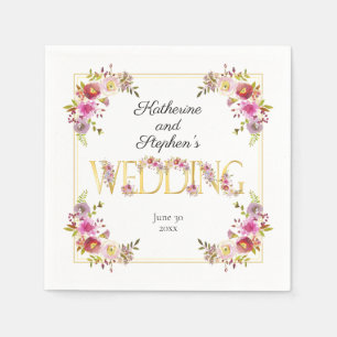 鮮やかな開花  金ゴールド文字の水色結婚の スタンダードカクテルナプキン